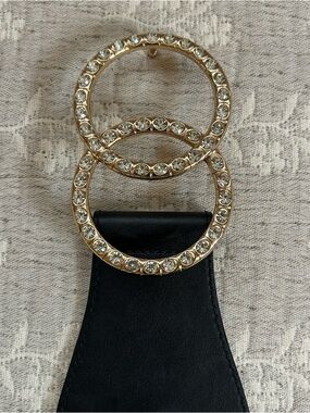 Crystal Double Ring Women’s Stretch Belt Gold & Black Size L/XL Retail $48